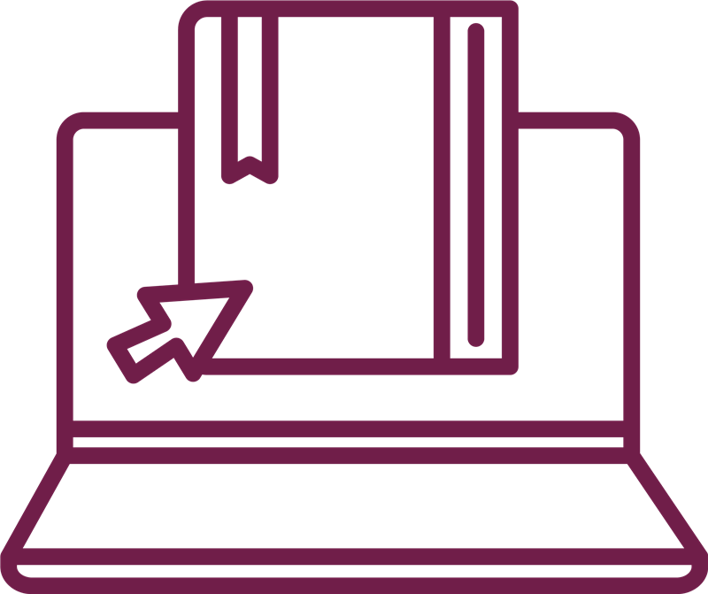 maroon outline of laptop and document